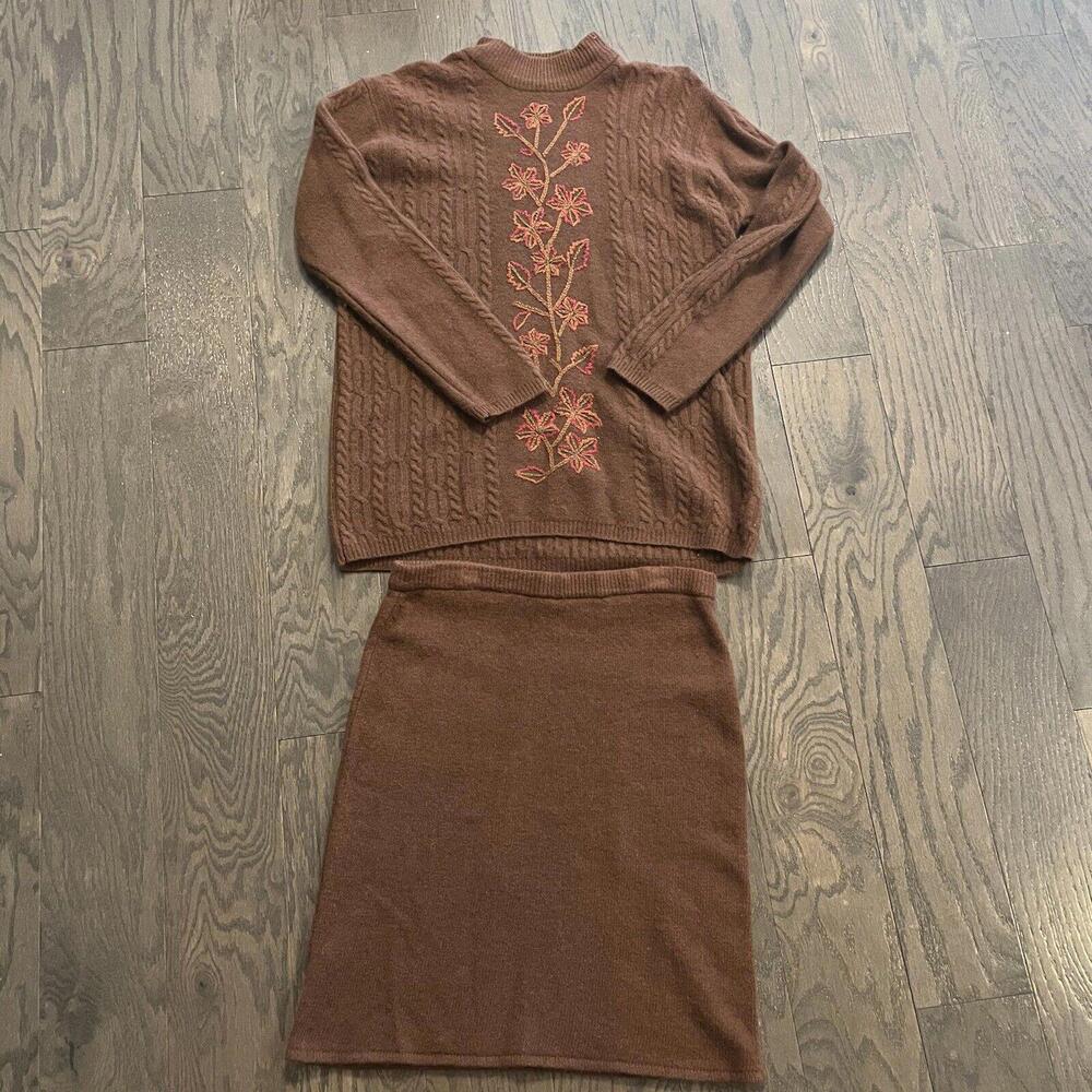 Cableknit Embroidered Fall Leaves Brown Sweater Skirt Set Wool Cottagecore